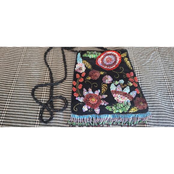90s crossbody bag- floral bead design handbag w/ strap & fringe beading- nwot - Picture 4 of 8